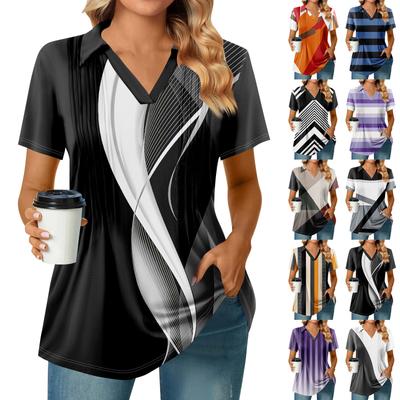 Camisetas femininas de manga curta, plissadas, decote em V, estampa, gola alta, verão, moda, negócios, casual, trabalho