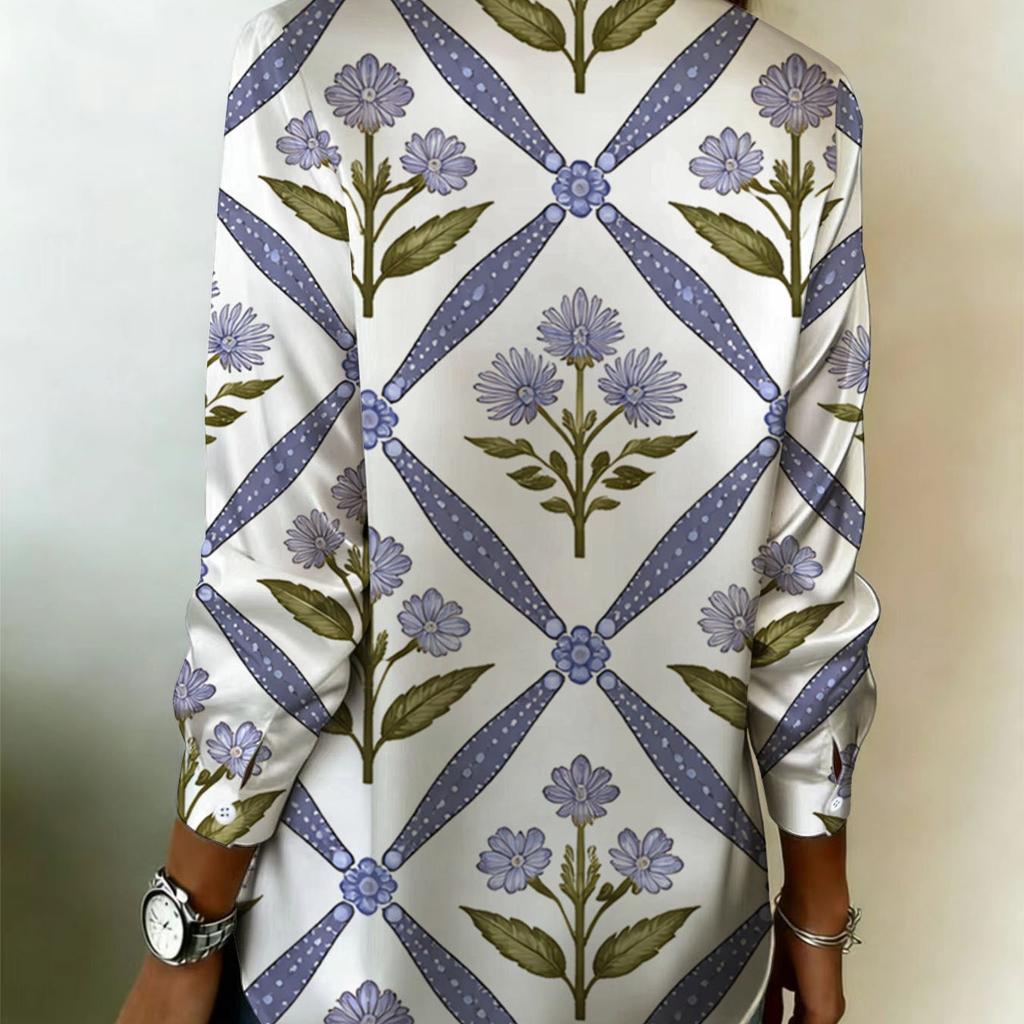 Elegant purple floral grid print long-sleeved shirt. Women's casual collar buttoned shirt, elegant and classic for daily wear.