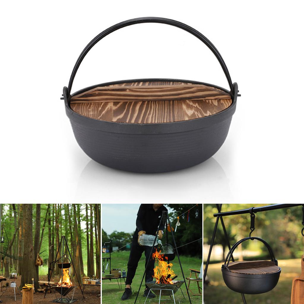 Cast Iron Dutch Pots With Wood Lid Cooking Hotpot Picnic Hanging Soup Pots Camping Cooking Pots Outdoors Accessories