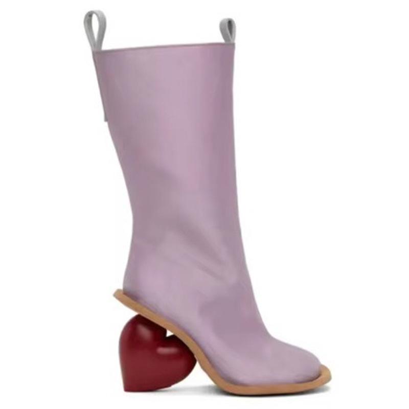 

Женские ботинки большого размера Модные 8,5 см Украшение в виде персикового сердца Необычный каблук Женская обувь Круглый носок Боковая молния Сапоги до колена 35