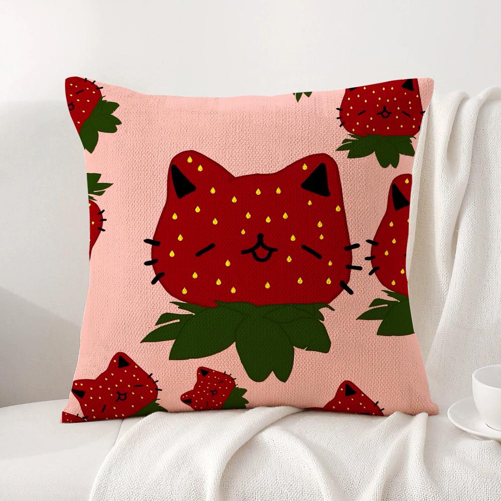 Cute Strawberry Print Cushion Cover Natural Linen Organic Fabric DoubleSided Printing Sofa Home Decor Breathable Bed Pillow