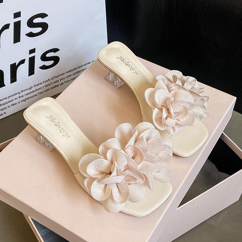 Fairy Wind Crystal and Slippers Female Summer Wear 2025 New Summer Thick Heel One-word Drag Middle Heel Women's Sandals