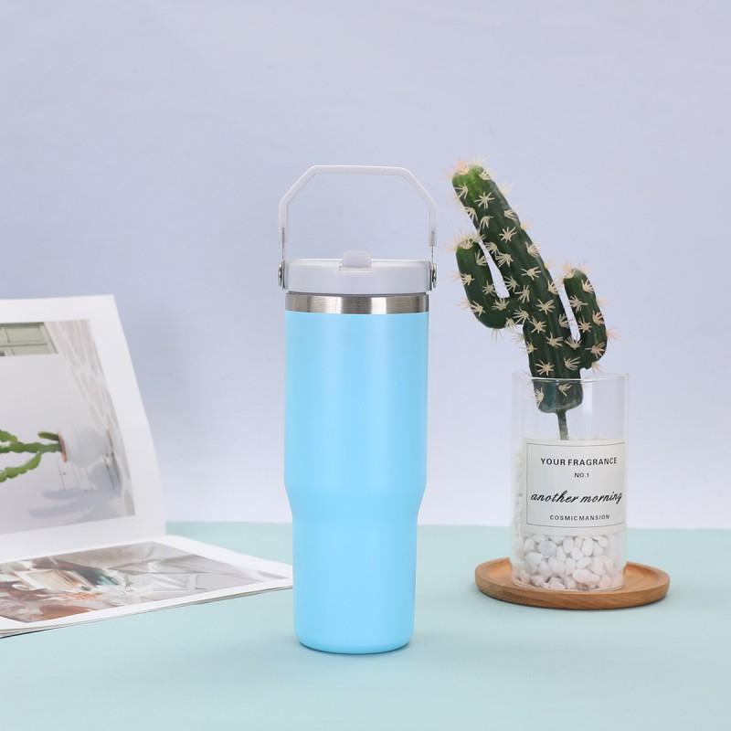 30 Oz Stainless Steel Travel Tumbler With Handle Straw Lid Car Outdoor Use Insulated Water Bottle