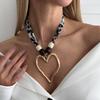 SHIXIN 2 Styles Fashion Hollow Big Love Heart Pendant Necklace for Women Vintage Leopard Chiffon Wood Bead Choker Necklace Gift
