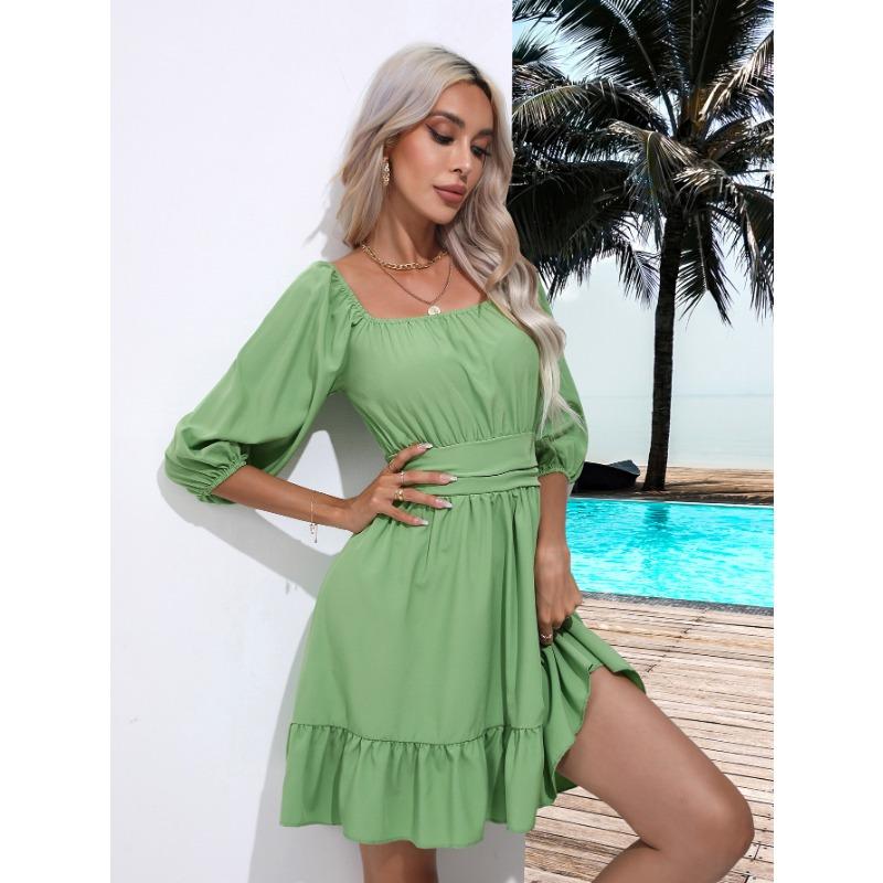 Summer Women's Dress Ruffle Square Neck Solid Color Dress Sweet and Fresh Tie Short Dress