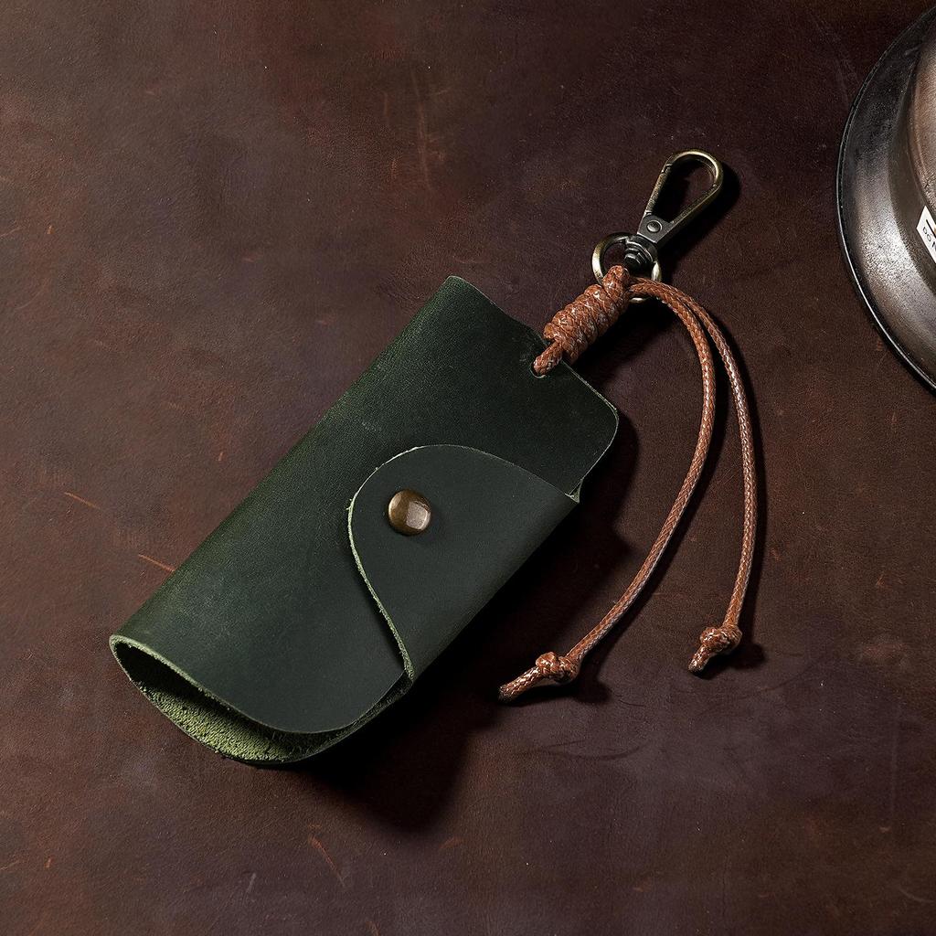 Unisex Crazy Horse Leather Car Key Holder - Retro Cowhide Key Storage Case