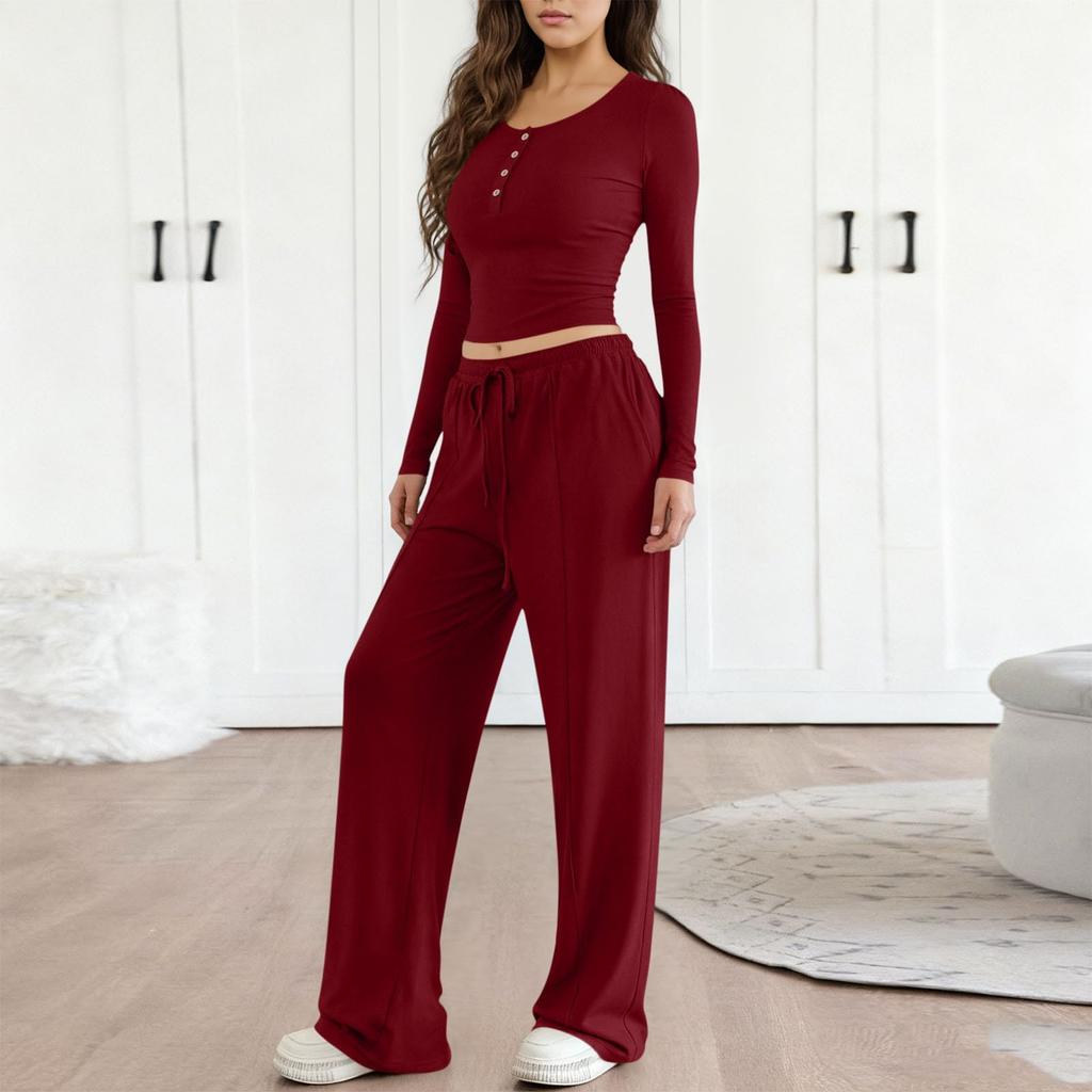 Fashionable Women's Long Sleeve Wide Leg Pants Sports Outfit Loose Two-Piece Set