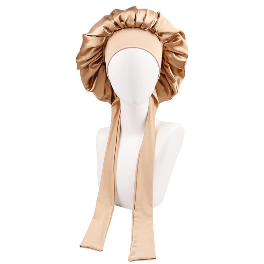 

Новая женская атласная однотонная шапочка для сна с эластичной завязкой, эластичная шапочка для ночного душа, регулируемая крышка для волос, тюрбан золотой