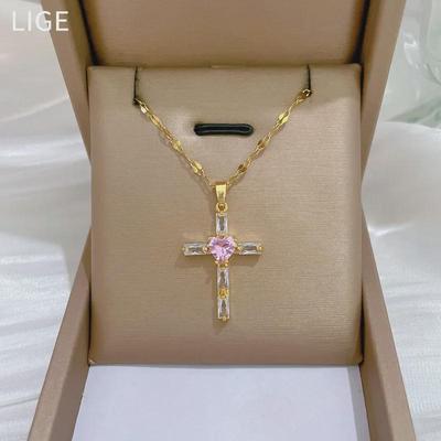 Titanium Steel Pink Cross Sparkling Diamond Necklace - Elegant, Versatile Clavicle Chain for Women