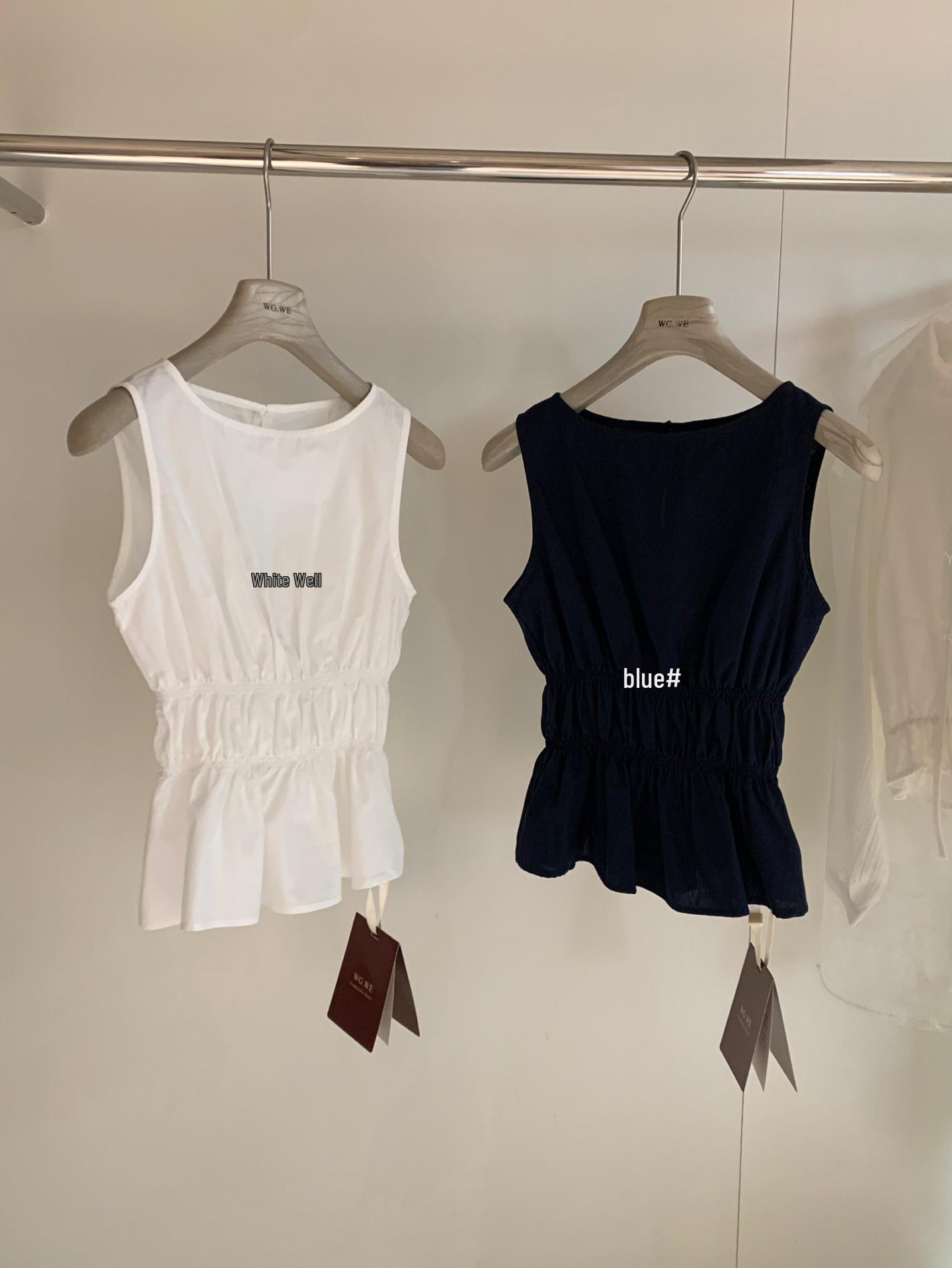 Women s Summer Halterneck Pleated Vest Shirt with Cinched Waist and Ruffle Top - Style WGWE8819 Small синий