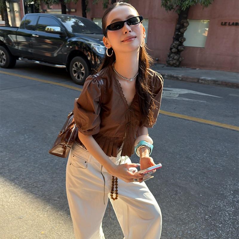 Tie V-neck Hollow-out Ruffled Short-sleeve Blouse шоколадный