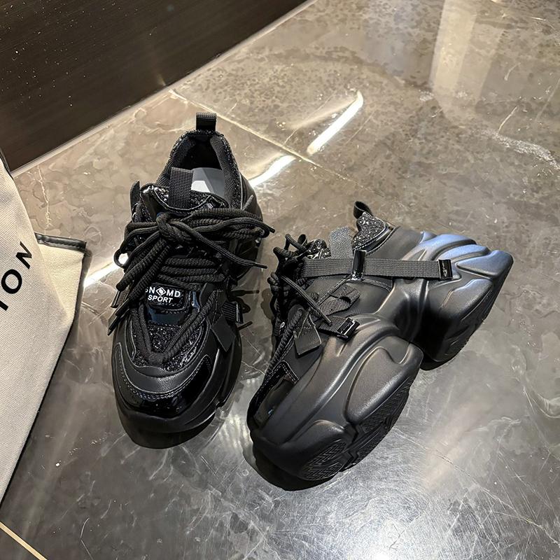 

8 см весна осень массивные кроссовки женские блестящие платформы спортивная обувь женские готические толстые каблуки женские кожаные кроссовки 34 чёрный