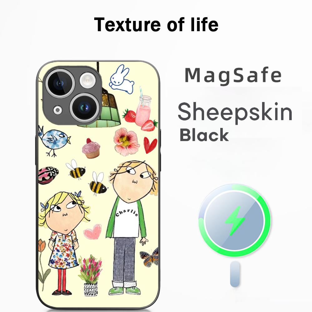 Charlie lola cartoon cute pattern desgin Phone Case For iPhone 16 15 14 13 12 11 Plus Pro Max  High-end Luxury Magsafe Sheepskin