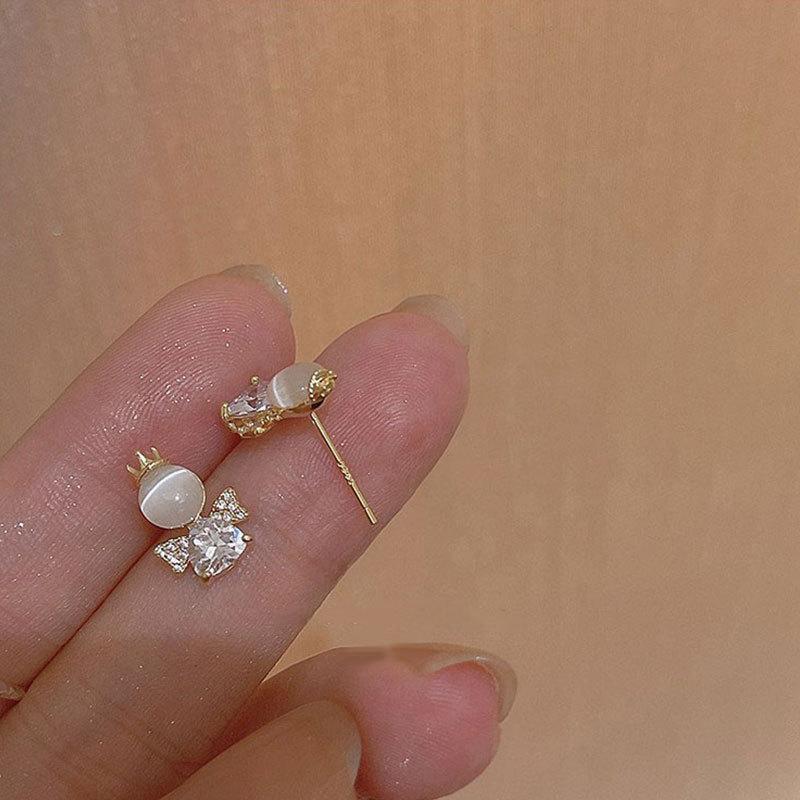 Cat's Eye Angel Crown Niche Design Earrings Zircon Rhinestone Fashion Cute Earrings