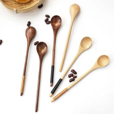Ong Straight Handle Wooden Coffee Mixing Spoon Multiple Options Round Mouth Round Handle Spoon Afternoon Tea Spoon Long Handle