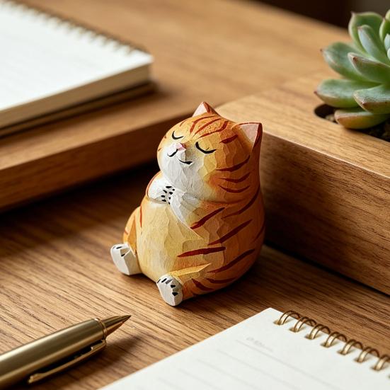 Hand-Carved Wood Ornaments Fishing Cat Sculpture Miniature Solid Wood Desktop Decor Eco-Friendly Painted Cat Figurine for Home Office Gift