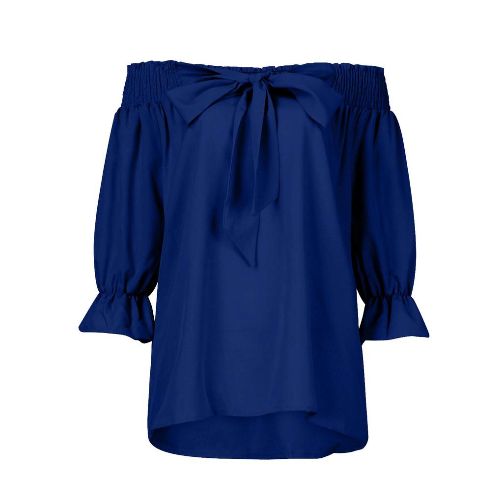 Women's Bubble Sleeve Bow Long Sleeve Square Neck Top Off-shoulder Color Women's Tops And Blouses