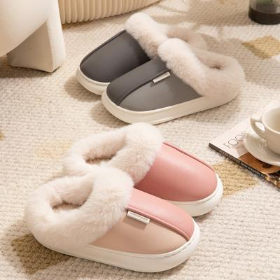 Winter Warm Home Fur Women Slippers Luxury Waterproof PU Leather Plush Couple Cotton Shoes Indoor Bedroom Flat Heels Fluffy Slipper