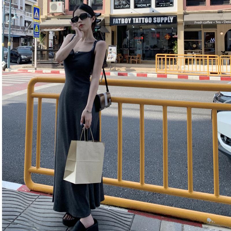 Grey Suspender Skirt Spice Girl Long Dress Slim Dress Women's Summer Temperament Waist Slim Hip Skirt Vest Skirt