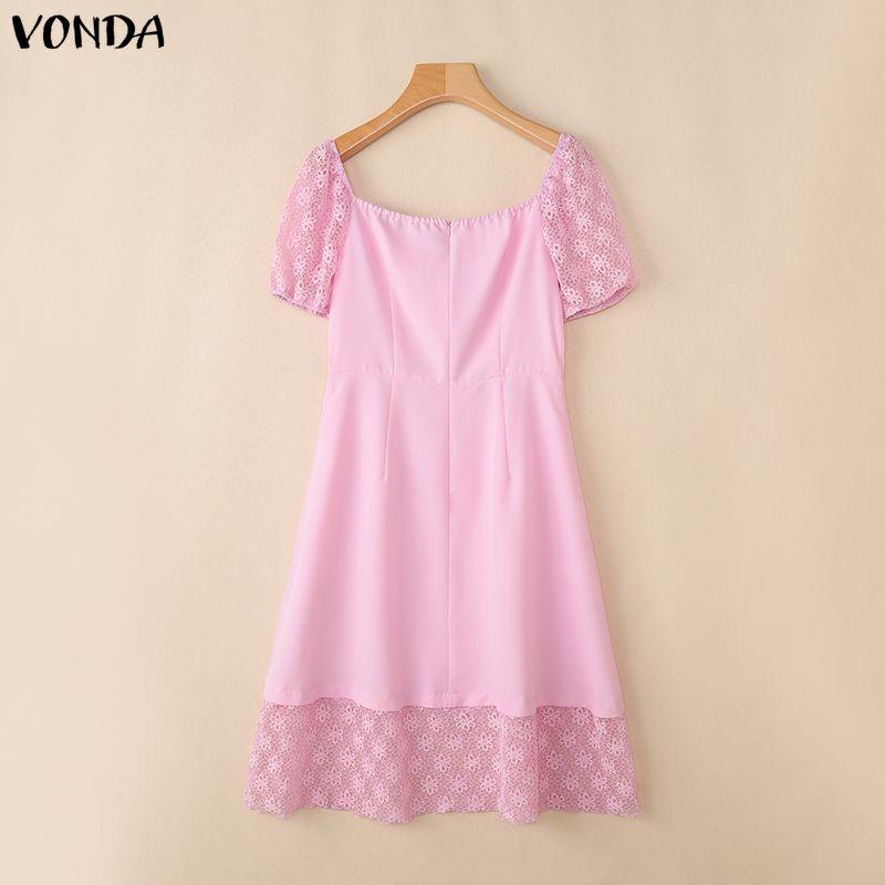 VONDA Women's Square Neck Elegant Lace Puff Sleeve Summer Dress A-Line Party Sundress