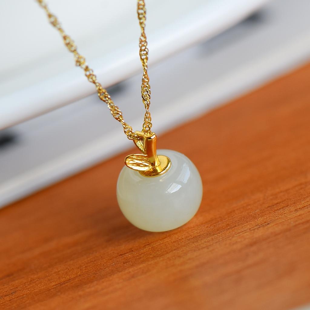 Hotan Jade S925 Silver Ping An Fruit Pendant Necklace for Women