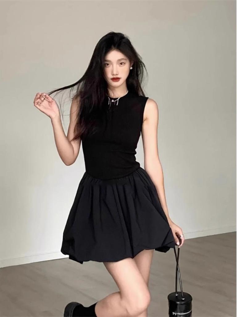 French Niche Black Sleeveless Dress Children's Summer Small Temperament Short Skirt High-end Waist Bud Skirt