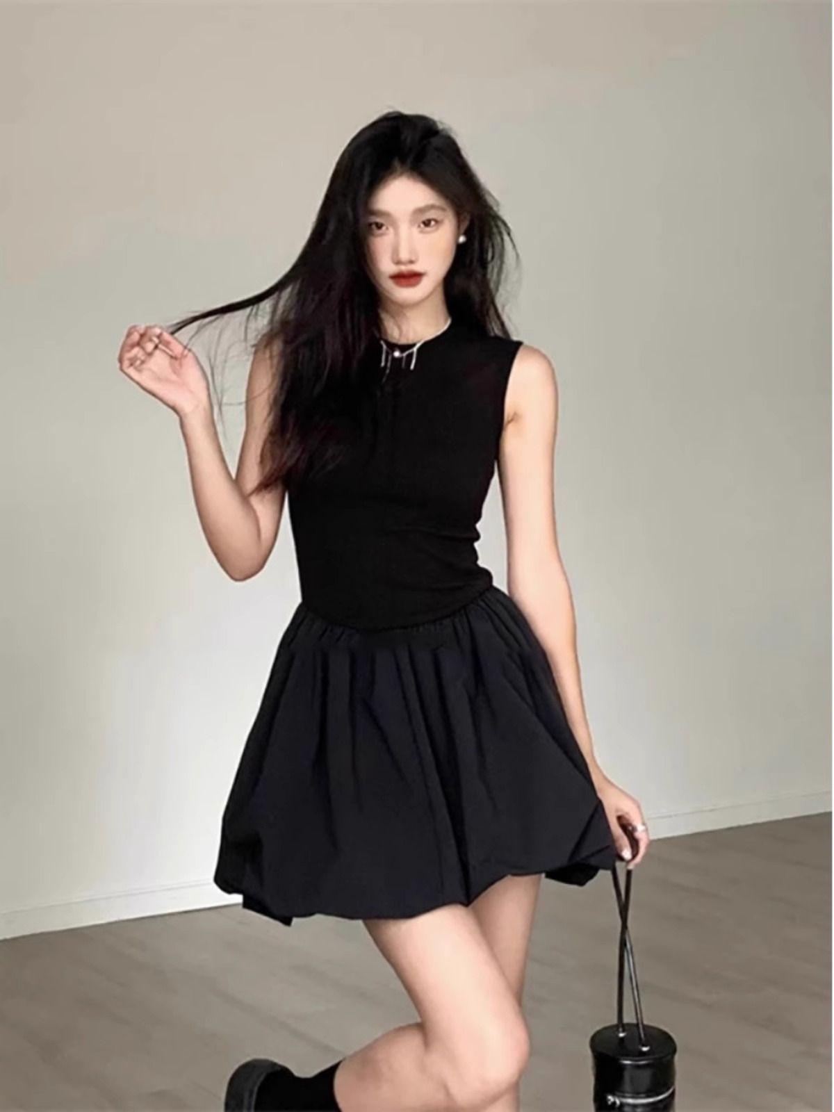 

French niche black sleeveless dress children s summer small temperament short skirt high-end waist bud skirt XL
