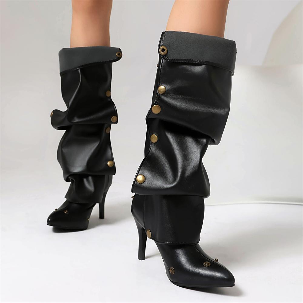 Fashion Women Over The Knee Boots High Heels PU Leather Solid Pointed Toe Stiletto Slip-on Rivet Folding Femininos Booties Cool Boots