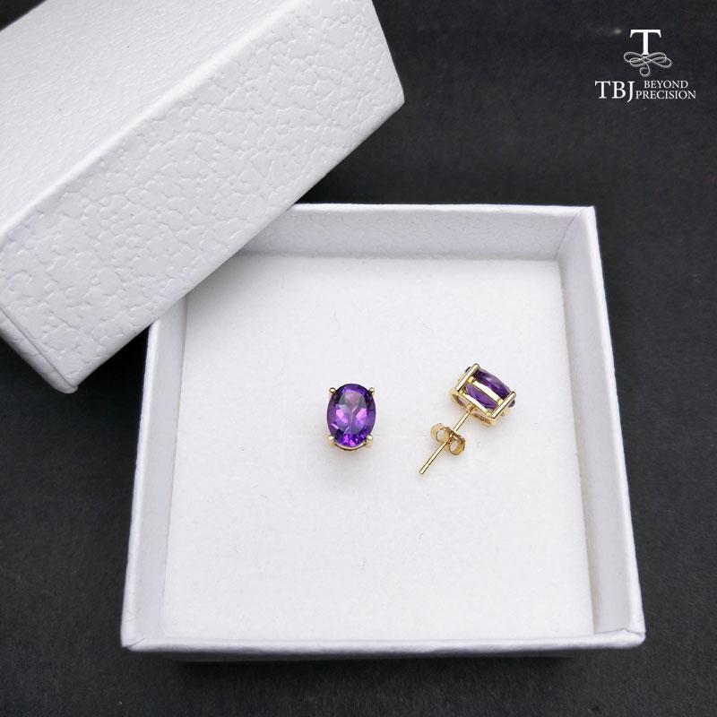 Orecchino semplice con ametista africana naturale di buona lucentezza ovale 6 * 8mm da 3 ct con pietra preziosa in colore oro giallo 925 per ragazze con scatola