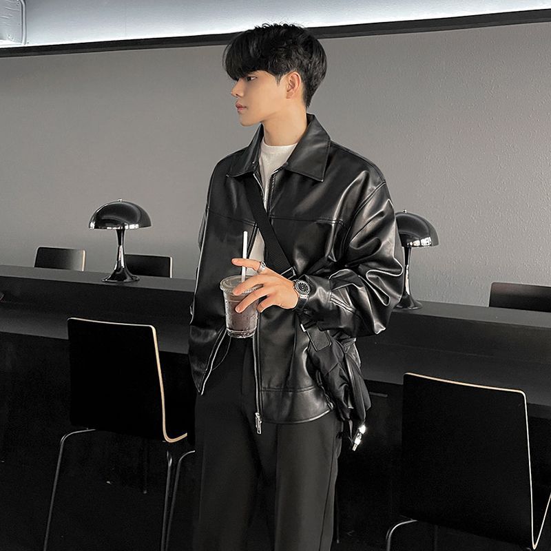 Leather Jacket Men's Spring and Autumn Korean Style Loose and Trendy Workwear Lapel Motorcycle Leather Jacket