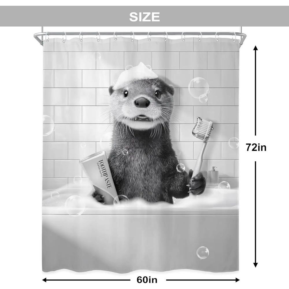 Funny Otter In Bathtub Printed Shower Curtain Black White Wildlife Artwork For Bathroom Decor