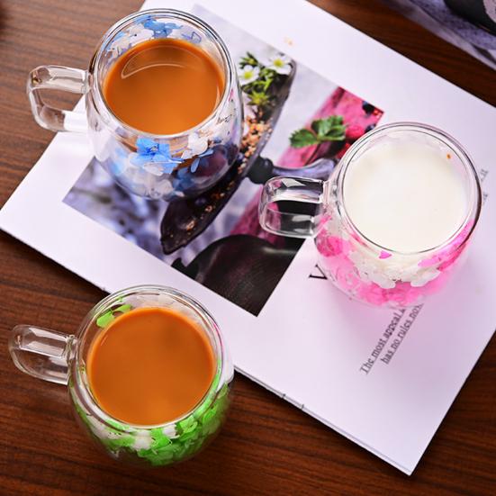 Double Wall Glass Inside Resistant Tea Latte Insulated Heat Mug with Floral Mug 250ml Cute
