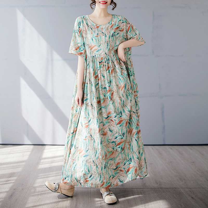 Women's Simple and Fashionable Long Skirt, Short Sleeved Round Neck Printed Dress