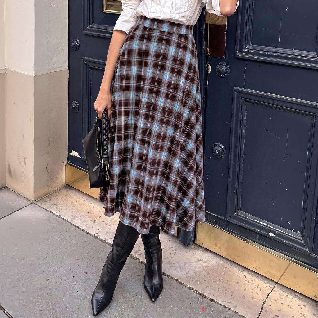 Women's Vintage Plaid High-Waist A-Line Casual Midi Skirt