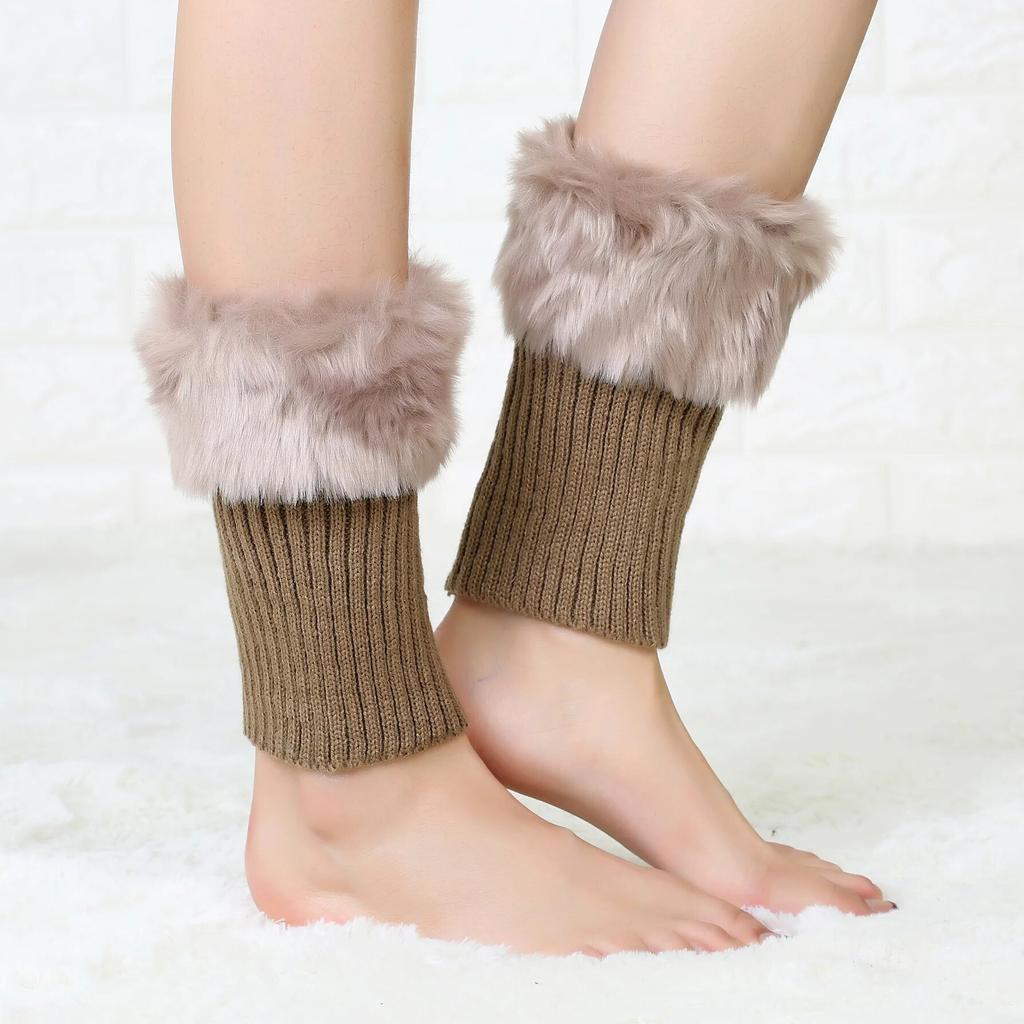 Women Leg Warmers Winter Autumn Lady Crochet Knitted Fur Trim Leg Boat Socks Thick Boot Cuffs Ankle Warm Foot Cover