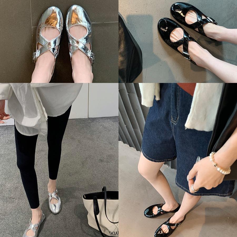 Spot Sheepskin Version~ Grape Mother Same Cross-strap Silver Round Head Mary Jane Women's Shoes Light Mouth Flat Sole Shoes