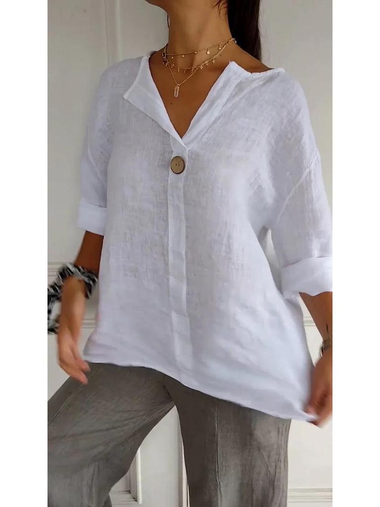 European & American 2026 Women's V-neck Button-up Loose Summer T-shirt