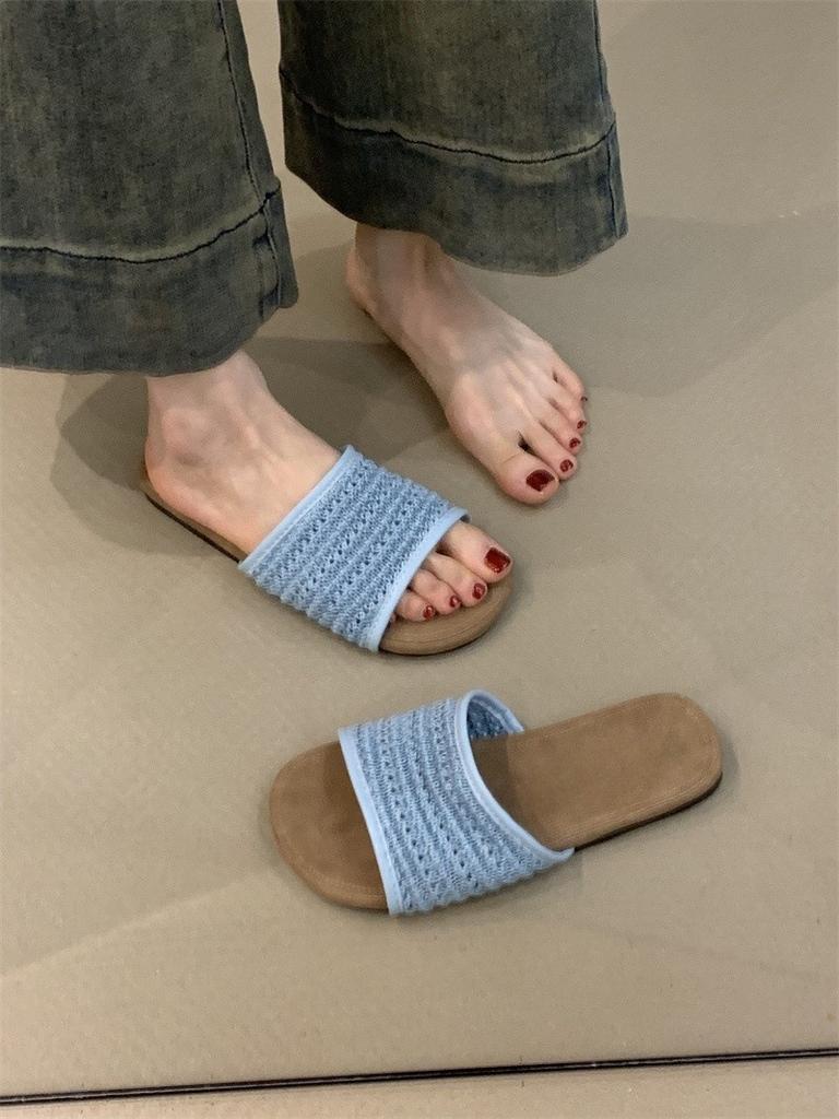 One Word Cool Slippers Women's Shoes 2025 Summer Korean Version Lazy Wind Woven Vacation Cool Slippers Women's Shoes