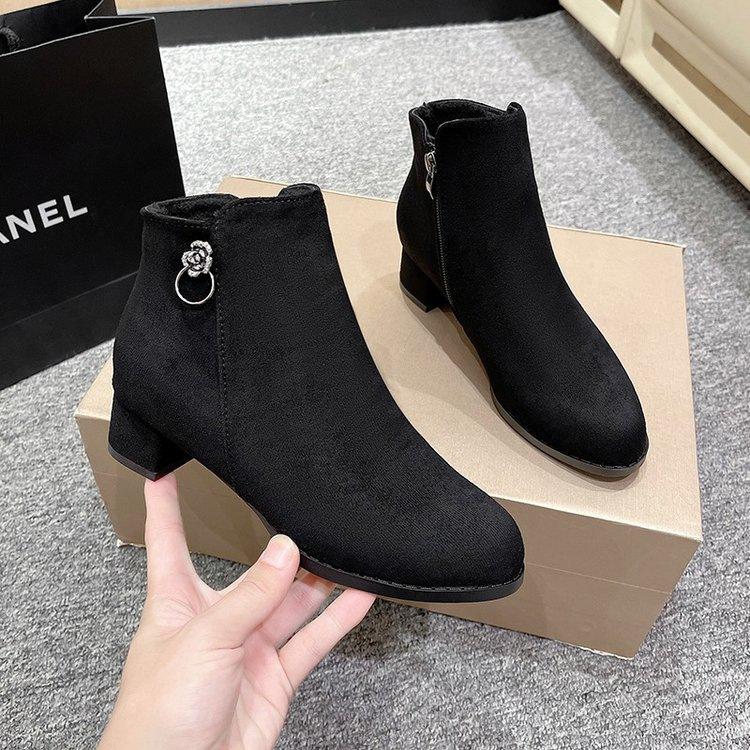 Frosted coarse heel small short boots women's shoes new autumn and winter black velvet suede medium heel bare boots autumn and winter high heels