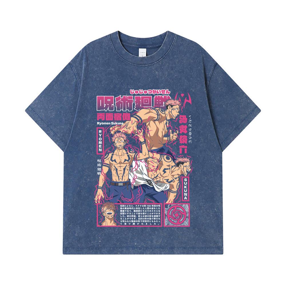 275 GSM Washed T-shirts 100% Cotton Jujutsu Kaisen V45 Sukuna Print Unisex Heavy Cotton T Shirt