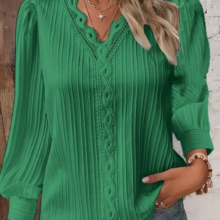 Elegant Womens Loose Fitting White Shirt Long Sleeved V Neck Lace Patchwork Blouse 2024 Fashion Office Casual Tops