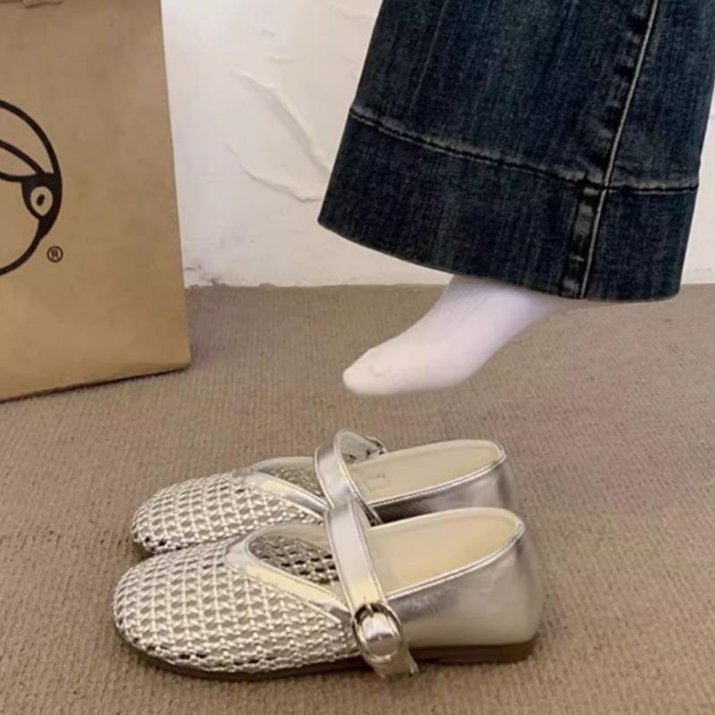 Mary Jane single shoes women's summer new flat bottom soft sole word with mesh hollow woven fishing net shoes sandals