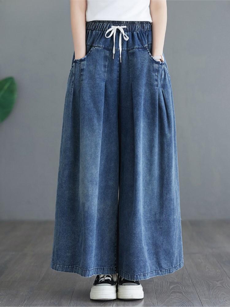 Oversized Jeans Elastic High Waist Spring Summer Long Pant Women Wide Leg Loose Pleated Modis Ladies Trousers Casual Woman Pants