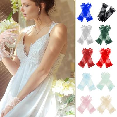Guanti da Donna con Volant in Tulle Trasparenti Corti Stile Retrò per Matrimonio Sposa Ballo di Fine Anno Sera Cosplay Festa Costume di Scena