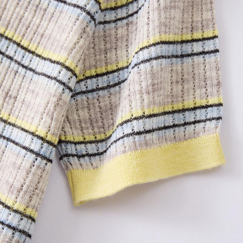 Women's Linen Blend Contrast Stripe Short Sleeve Knitted T-Shirt