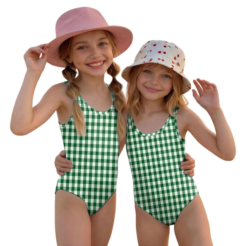 Mädchen Einteiler Badeanzug Kariertes Muster Sommer Strandmode Kinder Badebekleidung Leichte Bequeme Passform