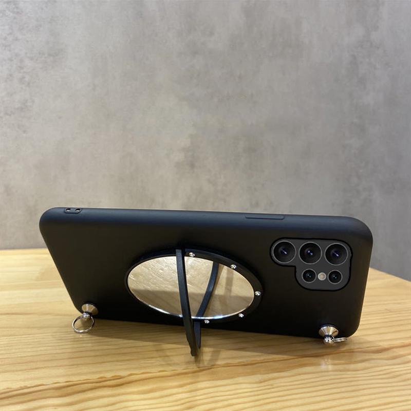 Mirror Stand Holder Soft Silicone Phone Cover For Samsung Galaxy S24 Ultra Plus Crossbody Leather Metal Chain Lanyard Back Case