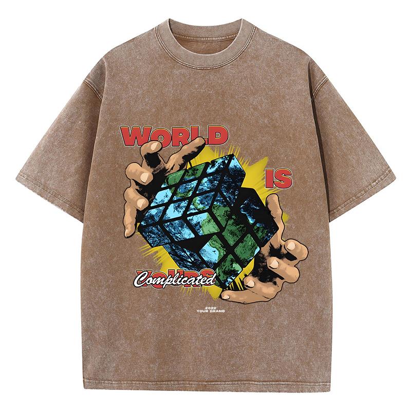 

Повседневные женские футболки с кислотной стиркой, топы с принтами кубов «Мир сложен», футболки из хлопка оверсайз с круглым вырезом, трендовая одежда 3XL