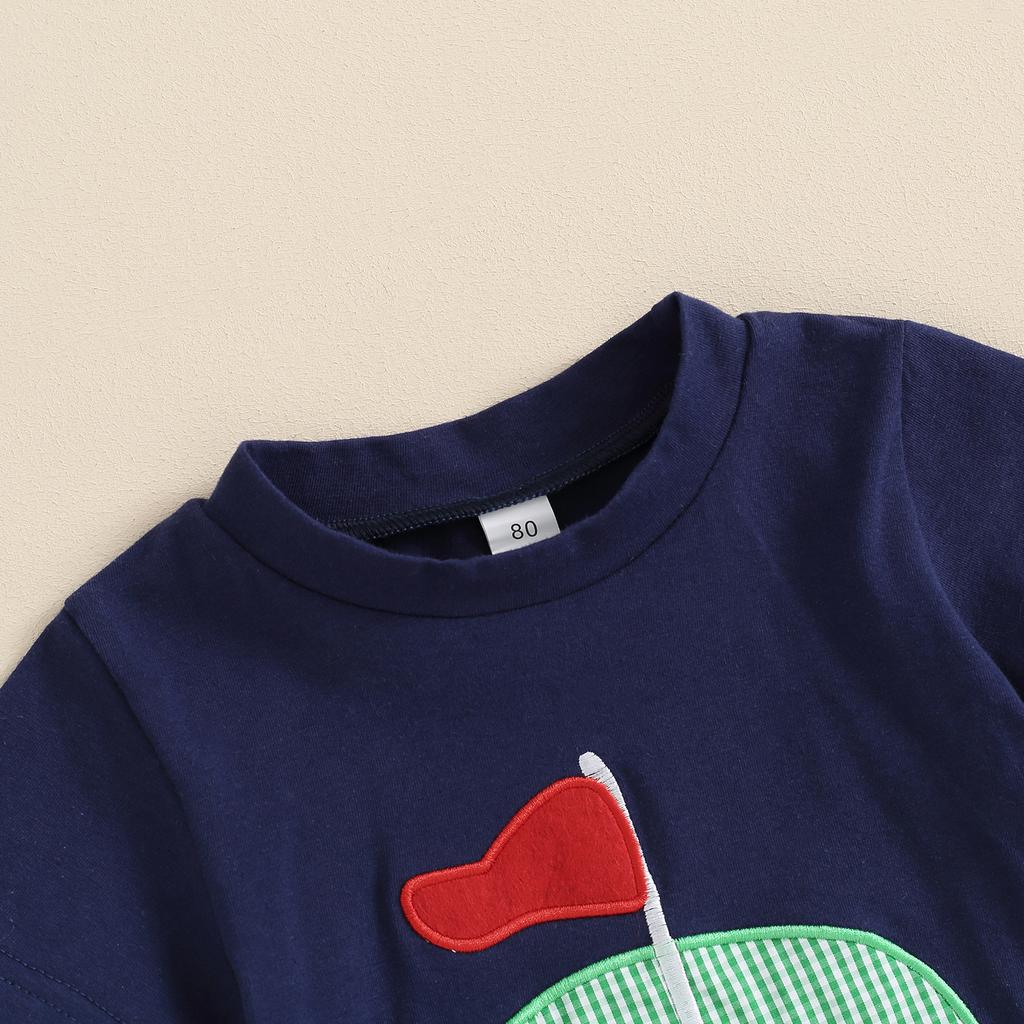 Toddler Boys Summer Outfits Golf Embroidered Round Neck Short Sleeve Tops and Elastic Waist Plaid Shorts 2Pcs Clothes Set