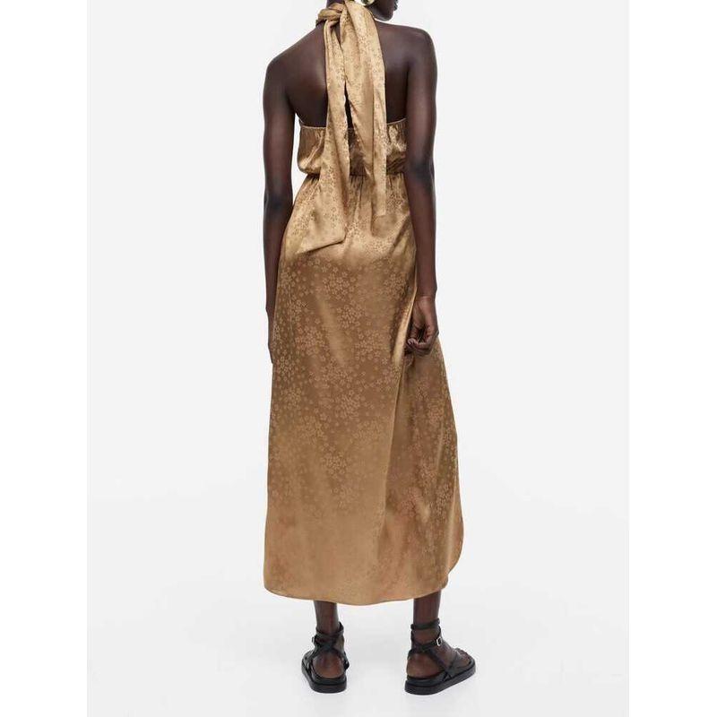 

Export Single H Home Sexy Sexy Lace-up Open Back Exquisite Jacquard Ruffles Waist-Tight Slimming and Fashionable Female Dress Camel Jacquard XL